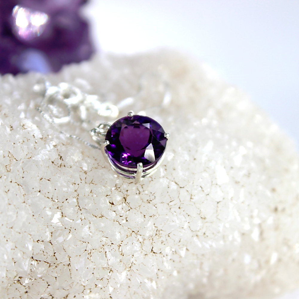 Amethyst Round Charm Pendant, Sterling Silver Neck
